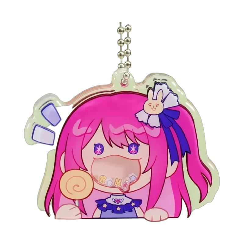 Pink character acrylic shaker keychain with a transparent cavity and ball chain