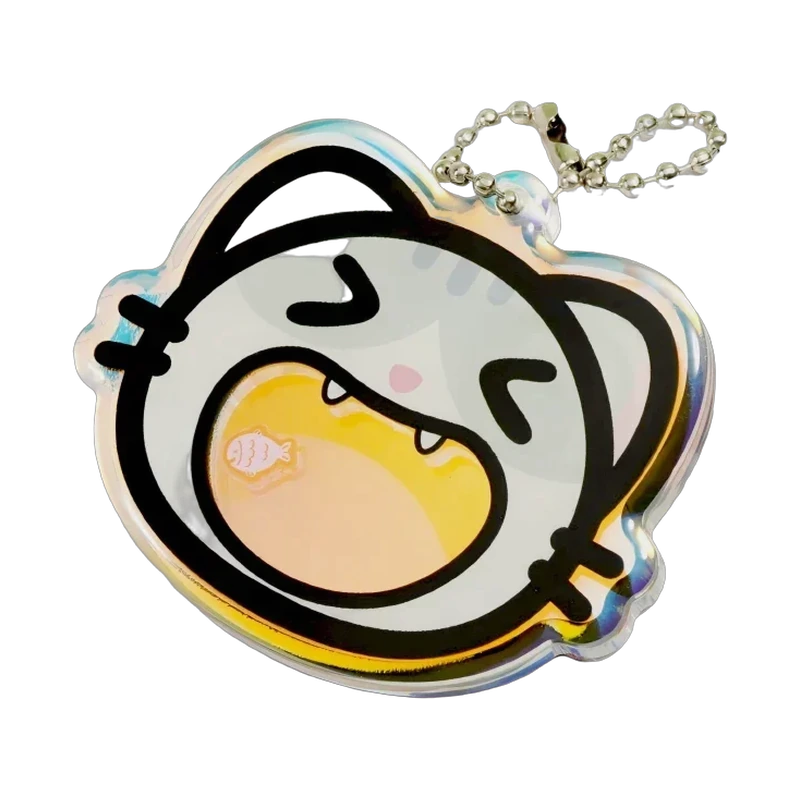 Cat character acrylic shaker keychain with moving decorative elements and a ball chain