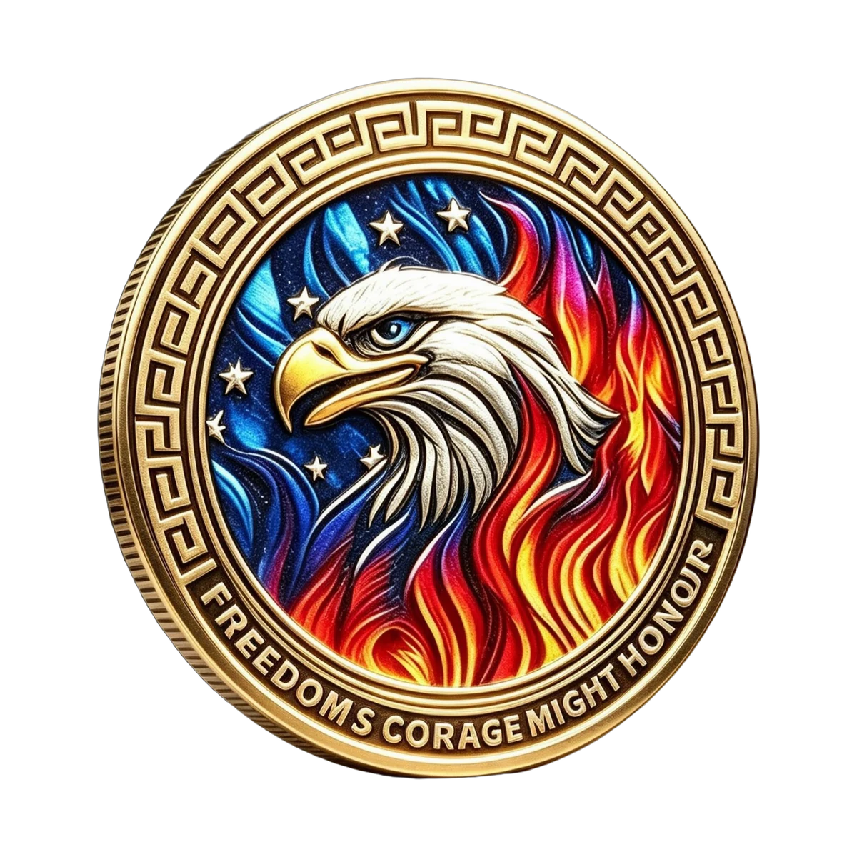 Eagle commemorative coin design rendering with red and blue printed detail