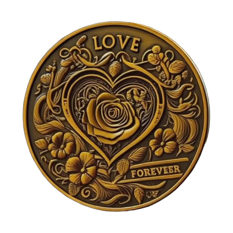 Floral heart commemorative coin design rendering with antique gold-colored relief