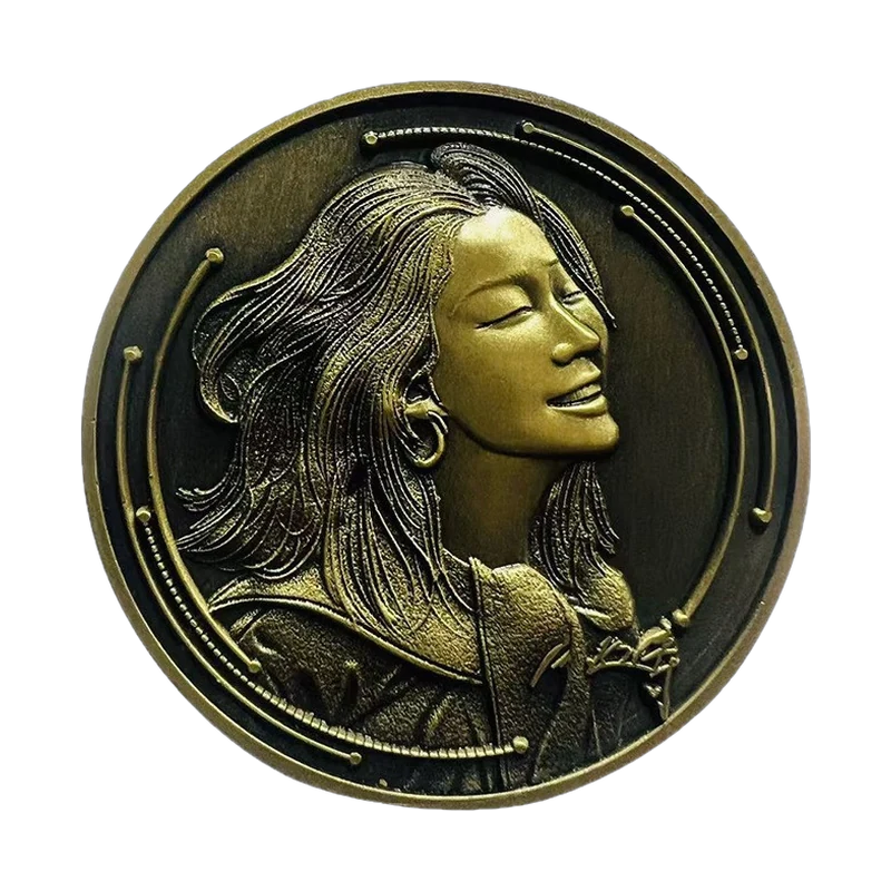 Round commemorative coin with a sculpted portrait in raised relief