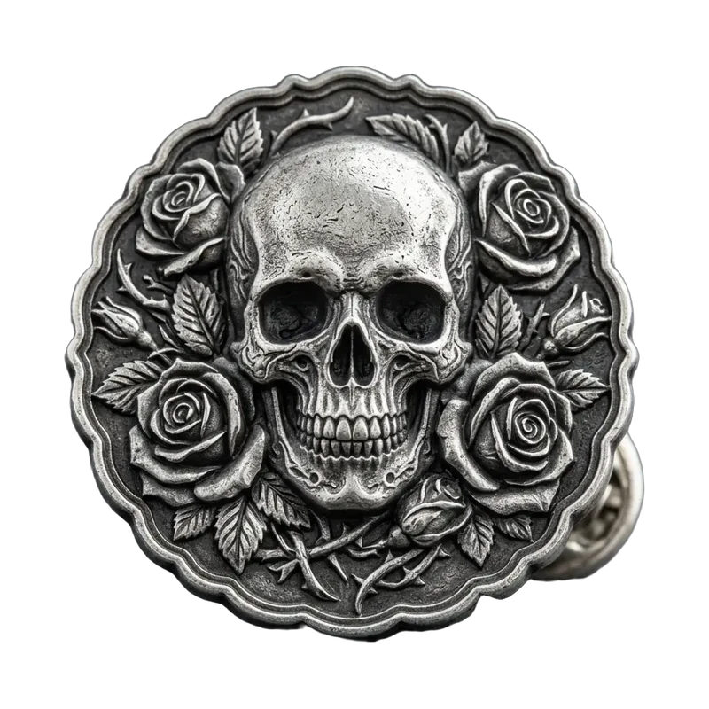 Antique silver-colored 3D die cast pin with raised skull and rose relief