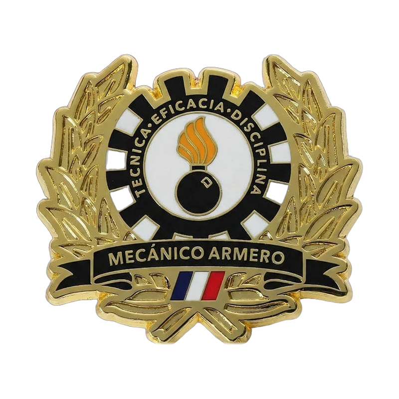 Gold-colored enamel emblem pin with black and white color fields