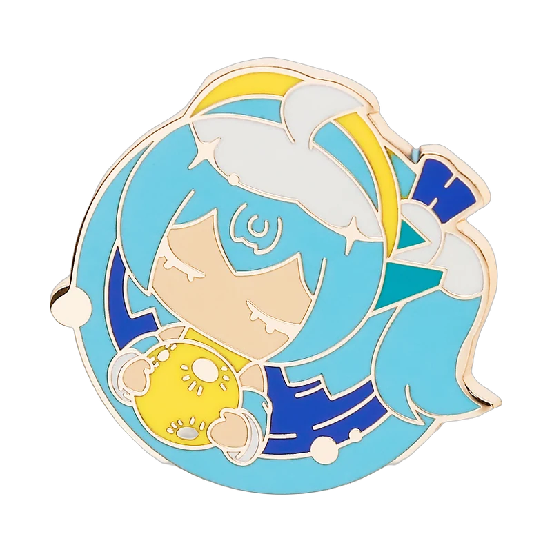Blue character enamel pin with gold-colored metal lines