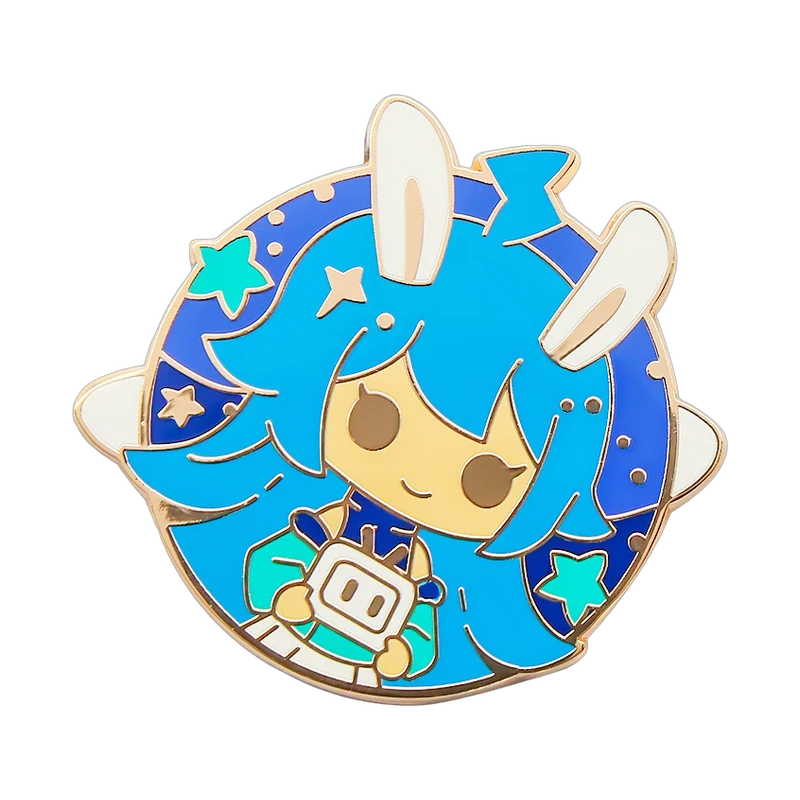 Blue character-shaped enamel pin with stars and gold-colored borders