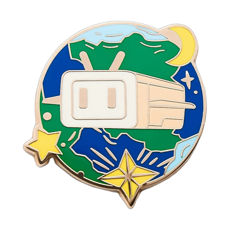 Camper and night-sky enamel pin with gold-colored metal lines