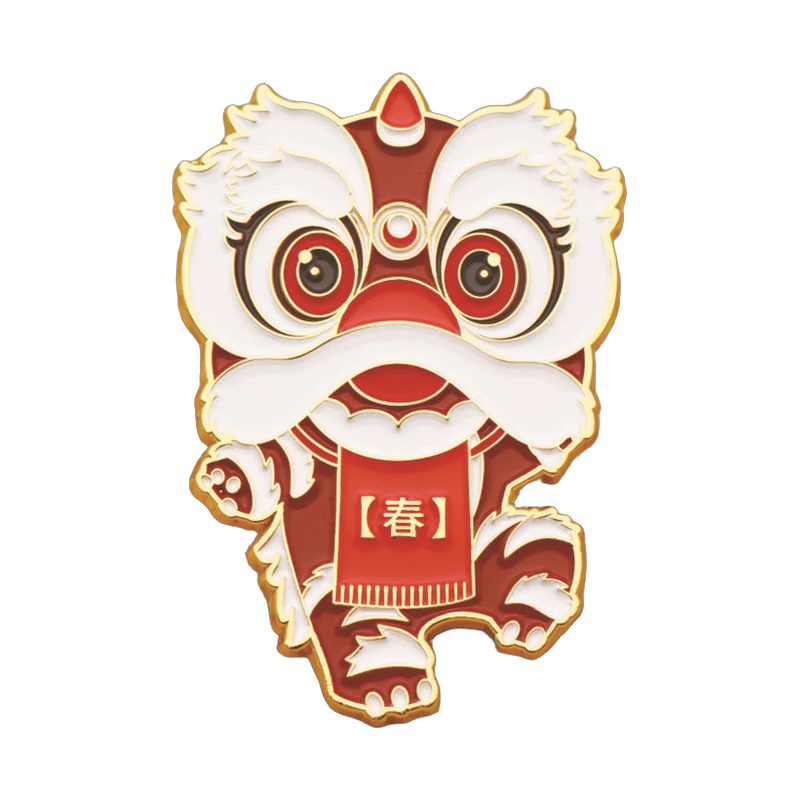 Red lion dance enamel pin with gold-colored metal lines