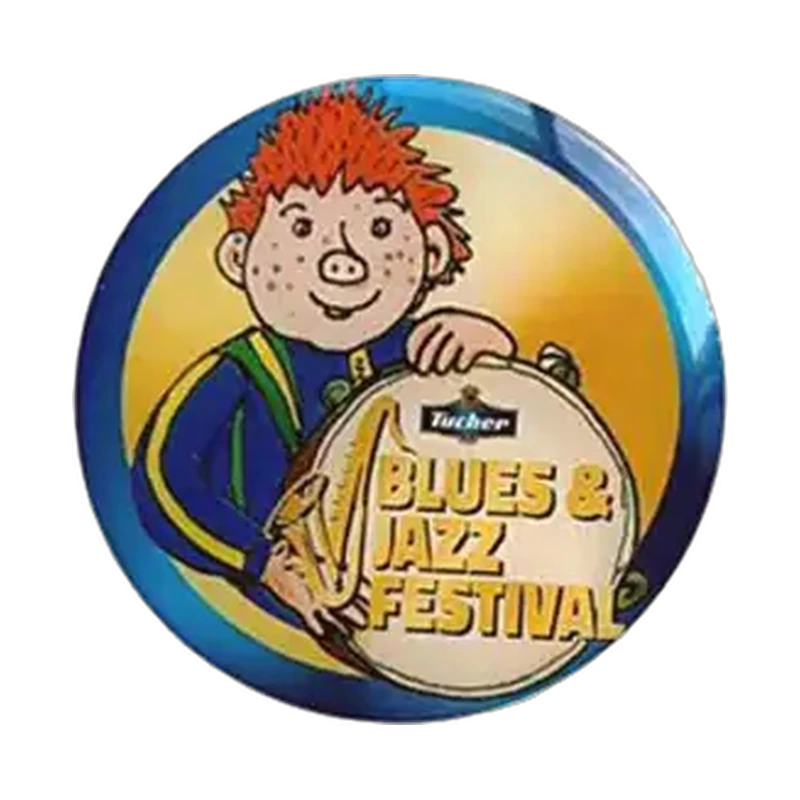 Round offset printed festival pin with detailed multicolor artwork