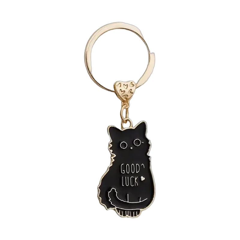 Black cat enamel keychain with a gold-colored ring and short chain