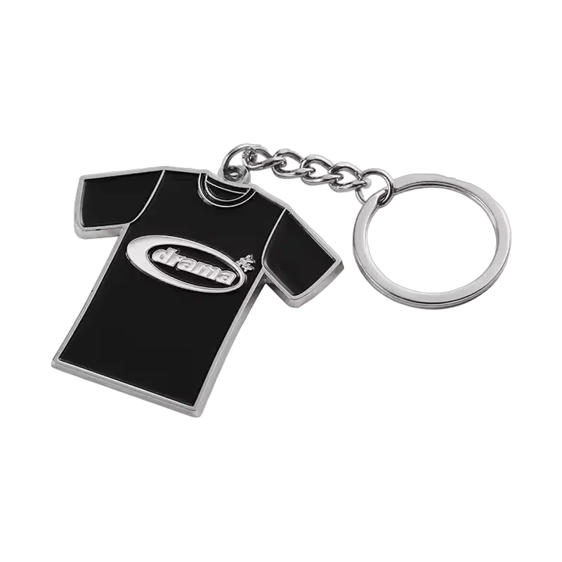 Black T-shirt-shaped enamel keychain with a silver-colored ring and chain