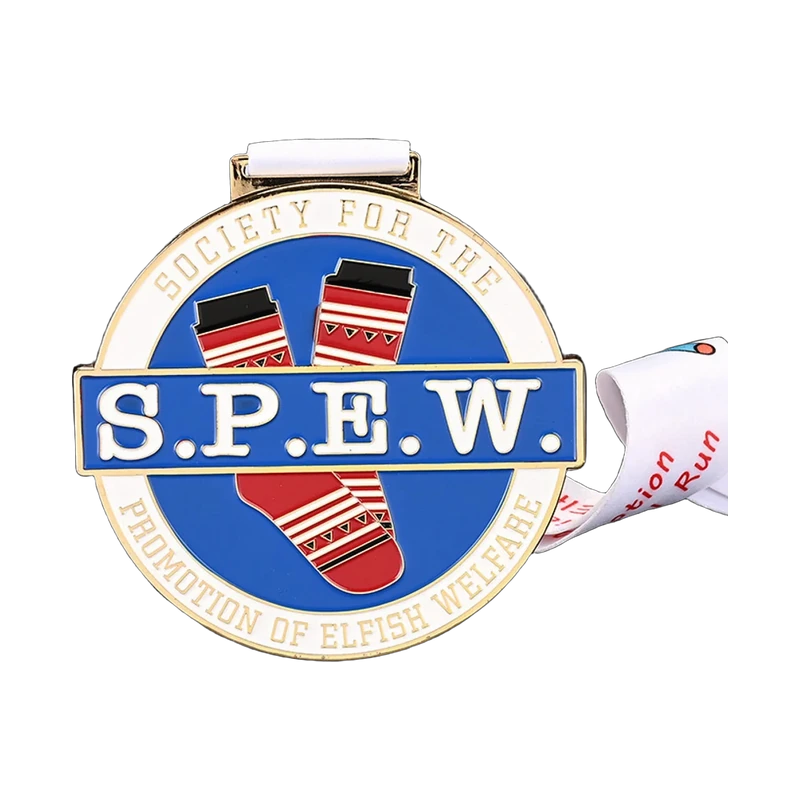 Blue red and white enamel event medal with printed ribbon detail