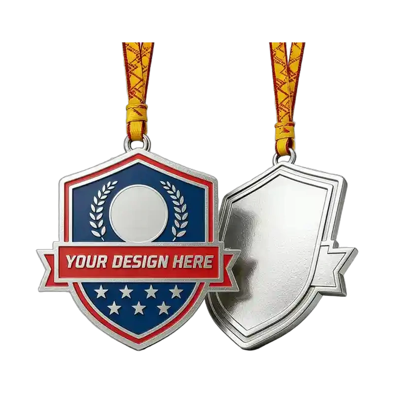 Front and reverse shield-shaped enamel medal design rendering